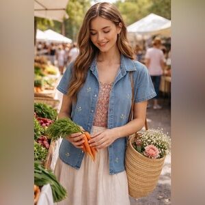 Lemon Grass Petite Embroidered Denim Floral Button-Up Top | Vintage Cottagecore